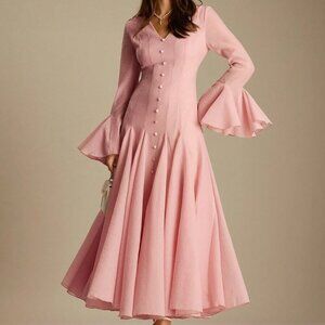 Pastel Pink Elegant Women's V-Neck Ruffled Hem Long Sleeves Maxi Dress